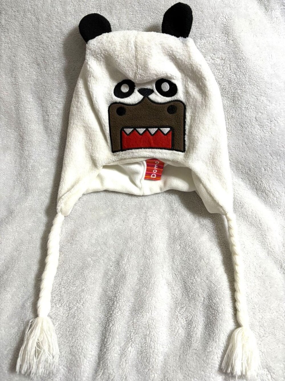 Rare Domo Kun Embroidered White Panda Flap Hat Beanie Lapland Tassels 2011 Y2K